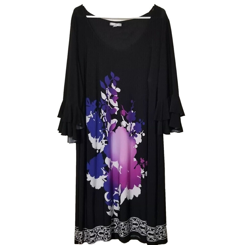 Sandra Darren‎ Womens Dress Plus Size 24W Black Purple Floral Bell Sleeve